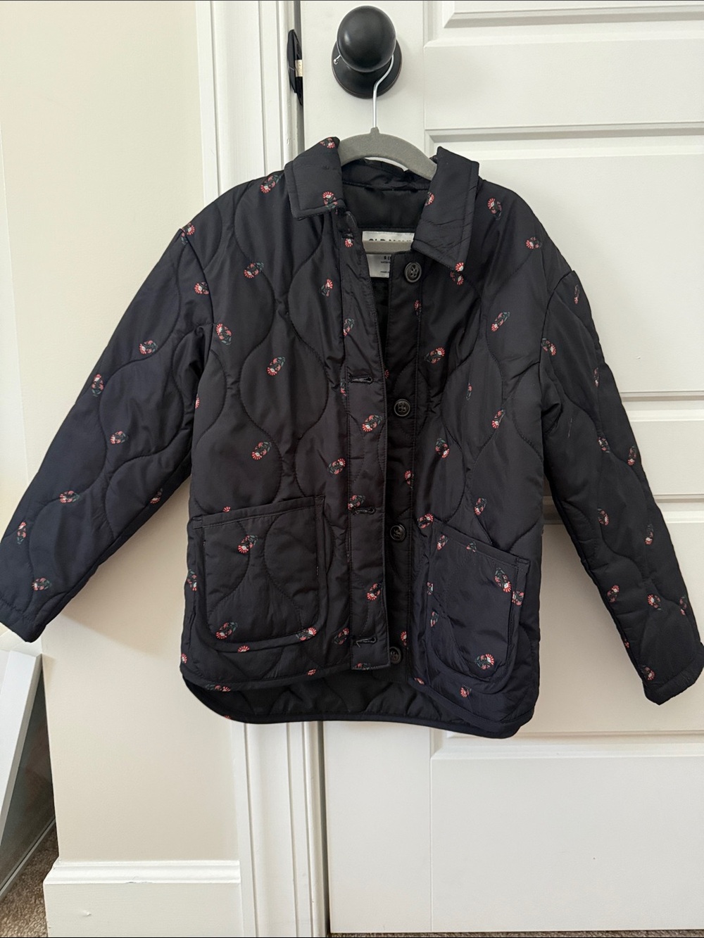 Old Navy Black Quilted Jacket with Pink Floral Design